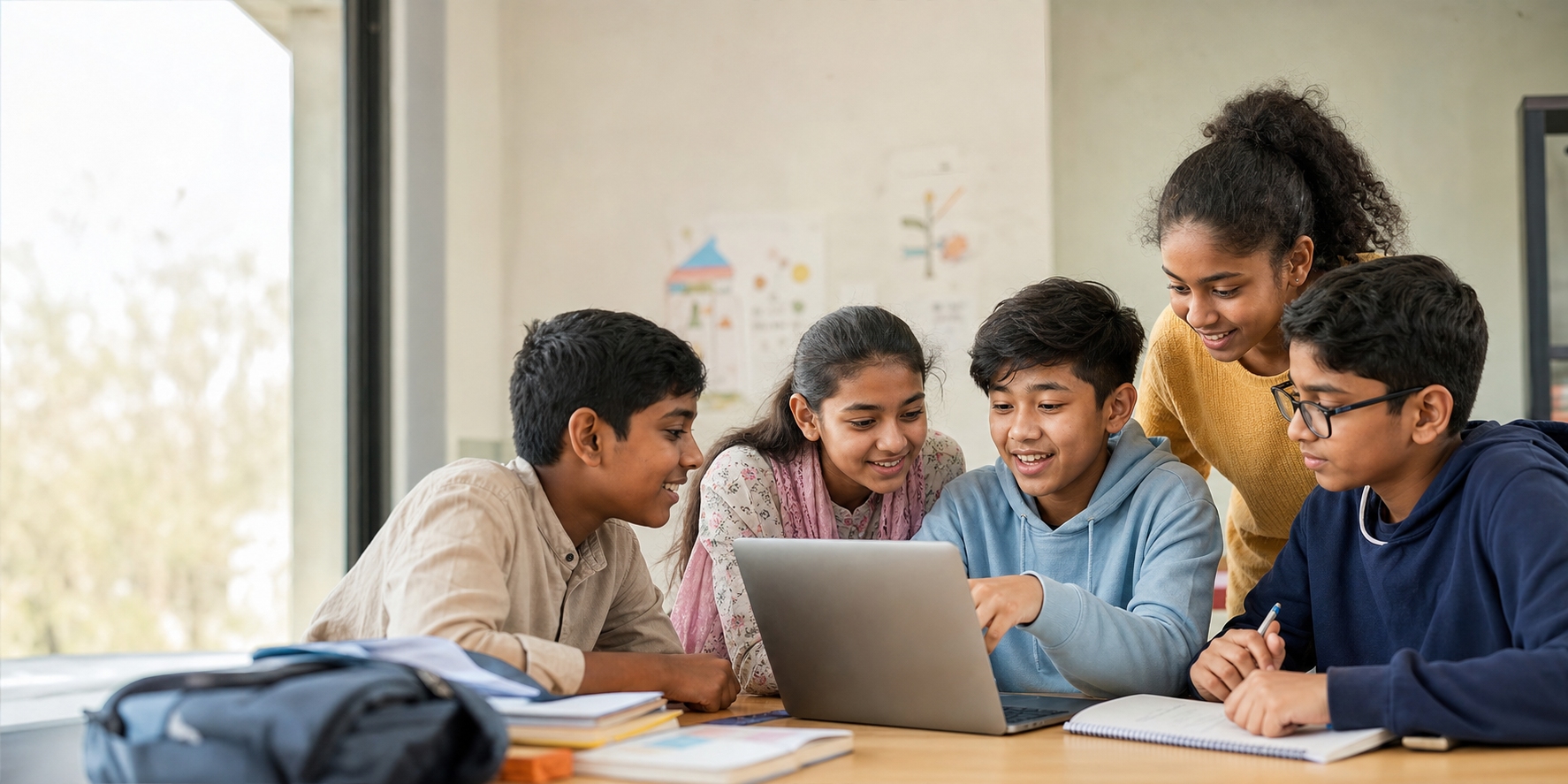 Middle school students discussing a coding project together